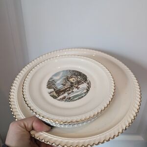 Harkerware Elegant Cream Dinnerware Set with Scenic Design 1 Large Plate 6 Side